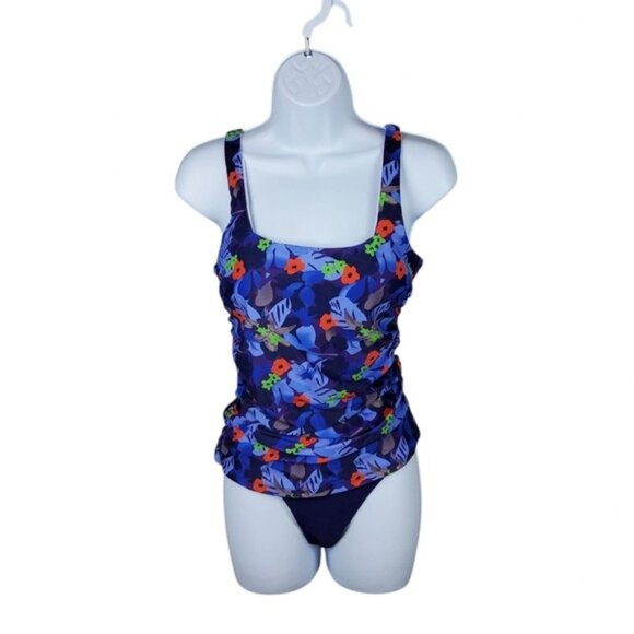 Wenly Zeng Floral Ruched Tankini Two Piece Swimsuit Blue Size Medium - Picture 8 of 8